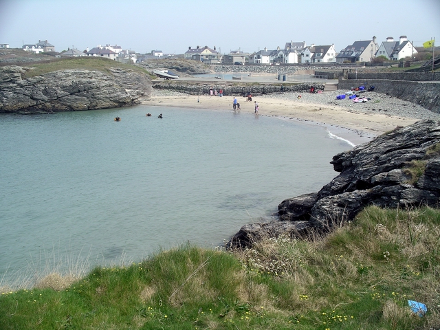 Sheltered turquoise waters of Trearddur Bay horseshoe cove on Holy Island, Anglesey