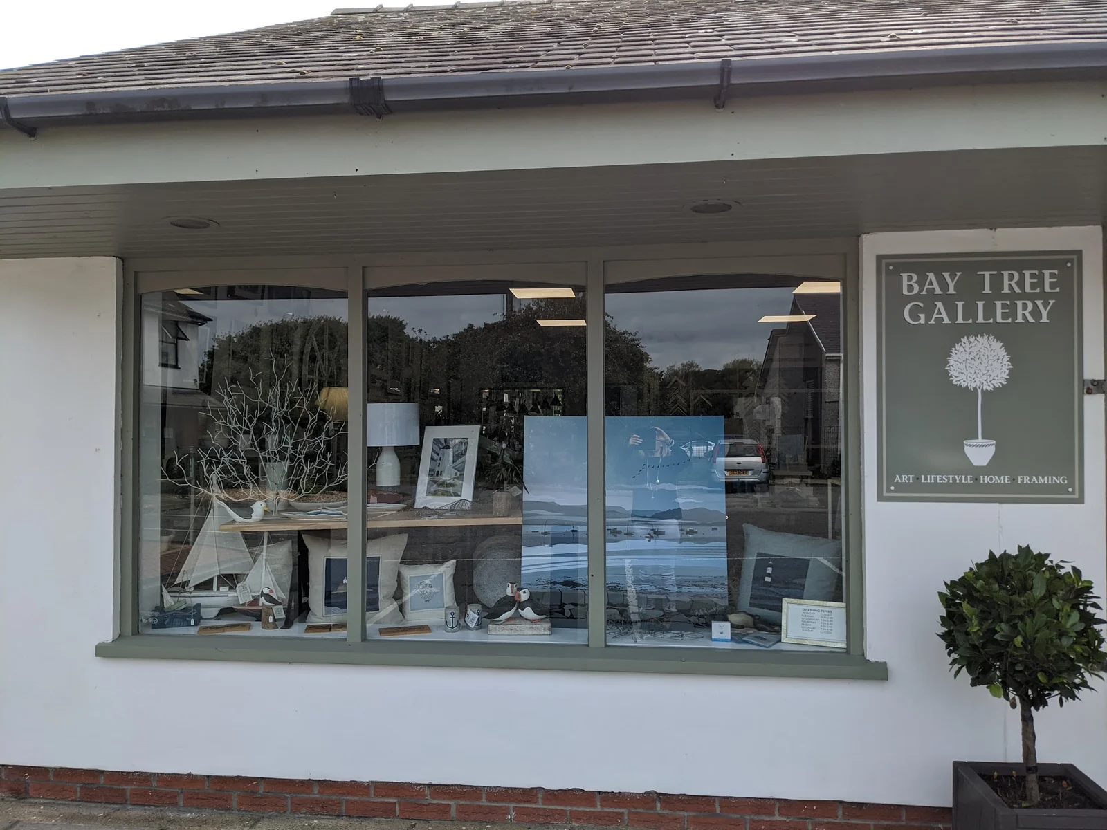 The Bay Tree Gallery shopfront and window display in Valley, Anglesey