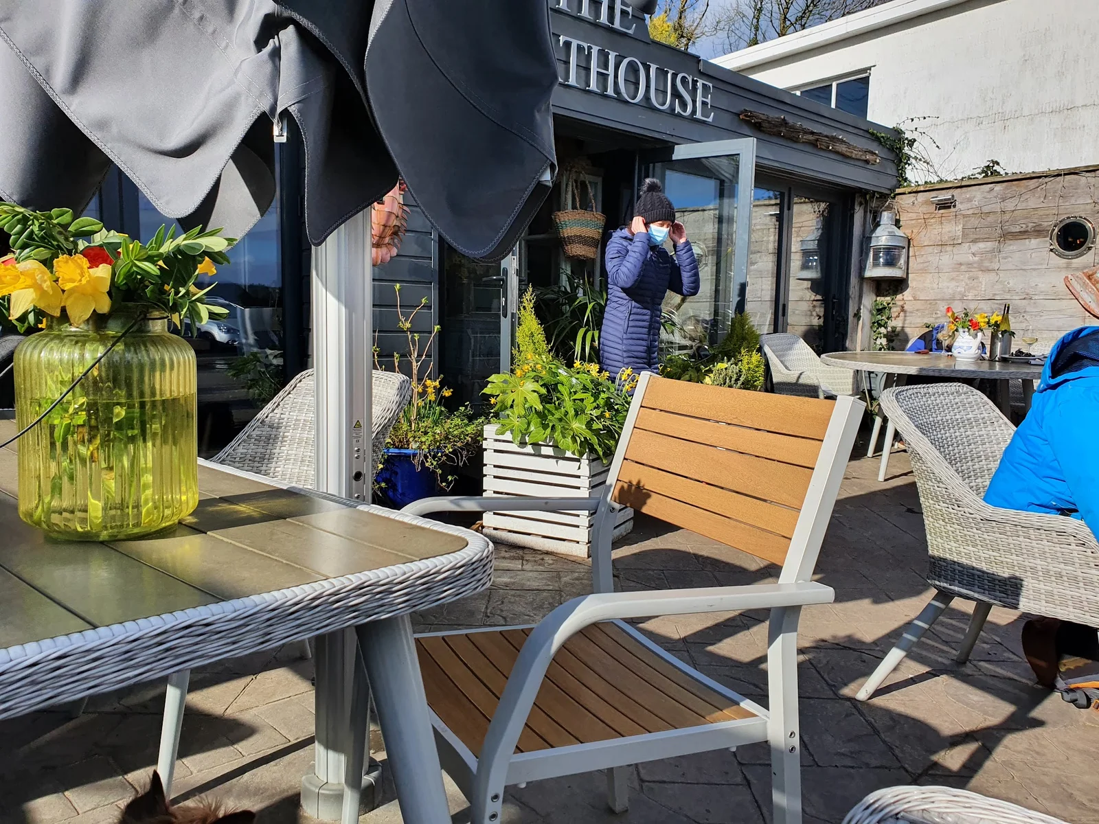 The Boathouse café at Beaumaris with views across the Menai Strait and Snowdonia